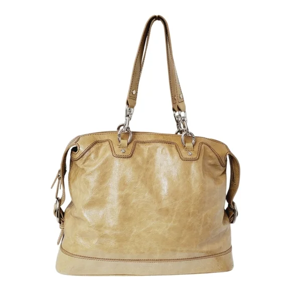 CELINE Wrinkled Patent Leather Handbag Shoulder Bag Beige Tan Tote Triomphe - Picture 4 of 16